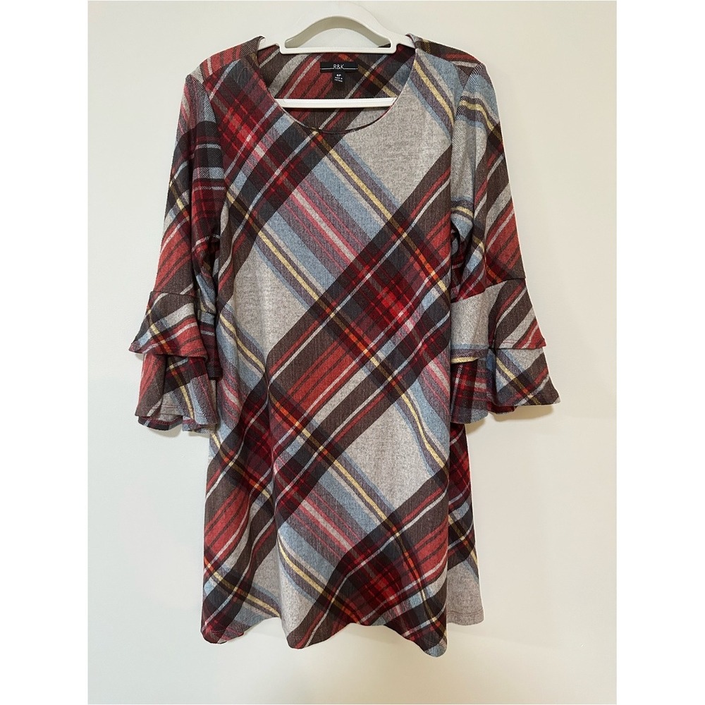 Dark Academia Preppy R&K Ruffle Dress 6P Red Plaid Long Sleeve Tunic